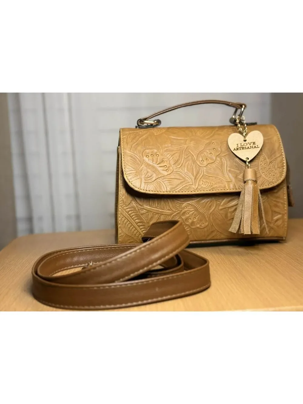 Camel Beige Sunflower Embossed Tooled Artisan LEATHER Crossbody bag Purse